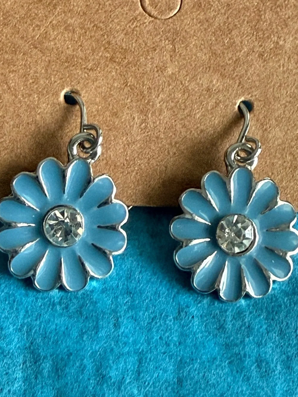 Blue Daisy Drop Earrings with Crystal Center